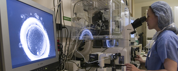 Woman in lab looking through a microscope